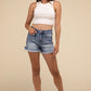 Mid Rise Raw Frayed Hem Denim Shorts