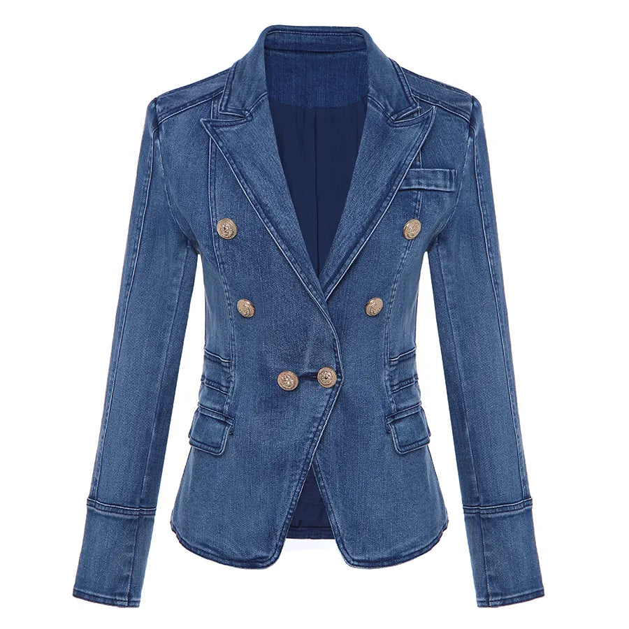 Double Breasted Denim Blazer Jacket Outer Coat