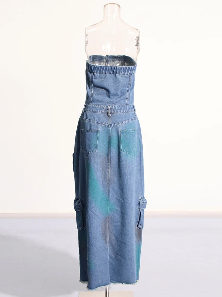 Denim Strapless High Split Dress