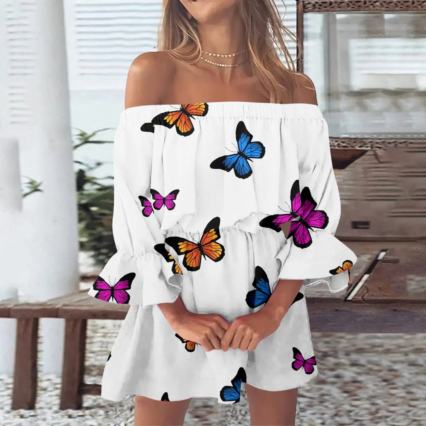 Off Shoulder Gradient and Print Sundress Dress