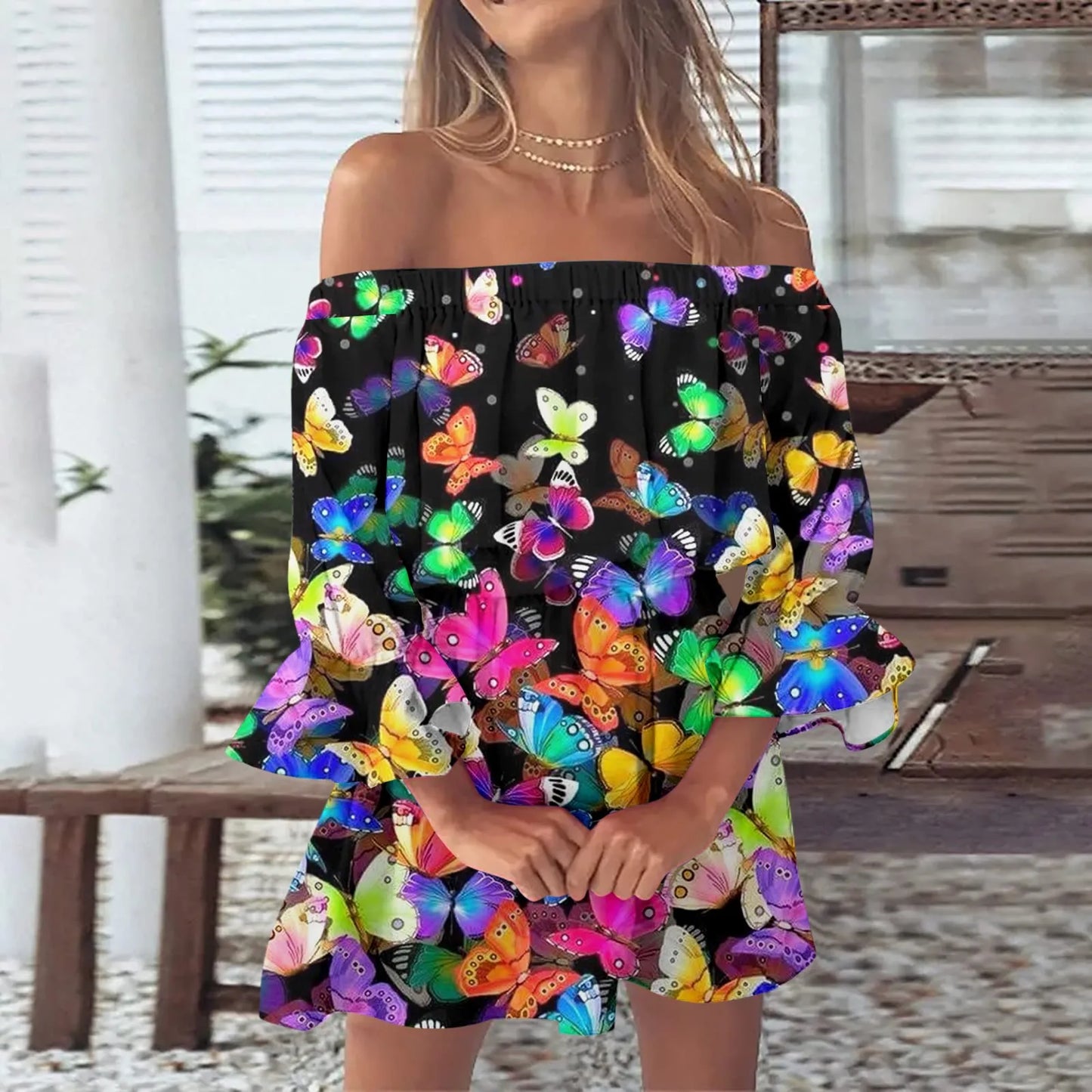 Off Shoulder Gradient and Print Sundress Dress