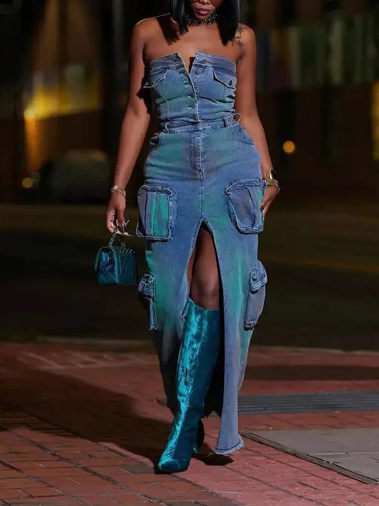 Denim Strapless High Split Dress