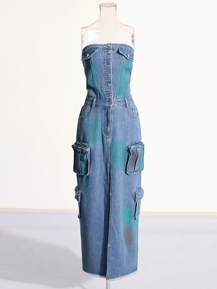 Denim Strapless High Split Dress