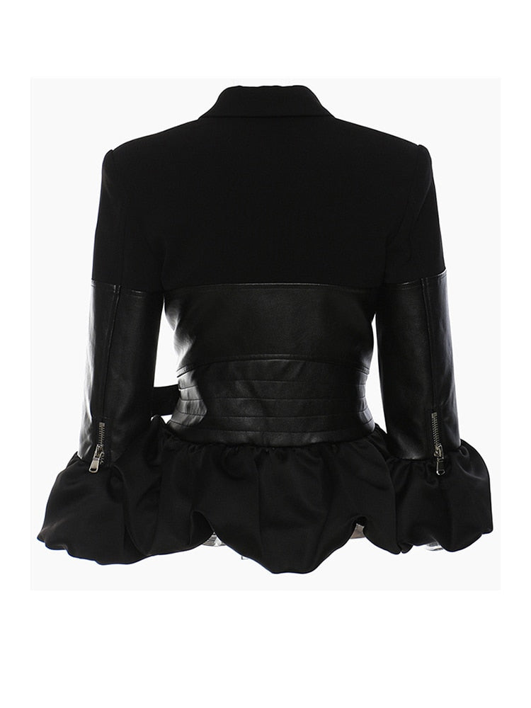 Claire Black Ruffle and Vegan leather Jacket
